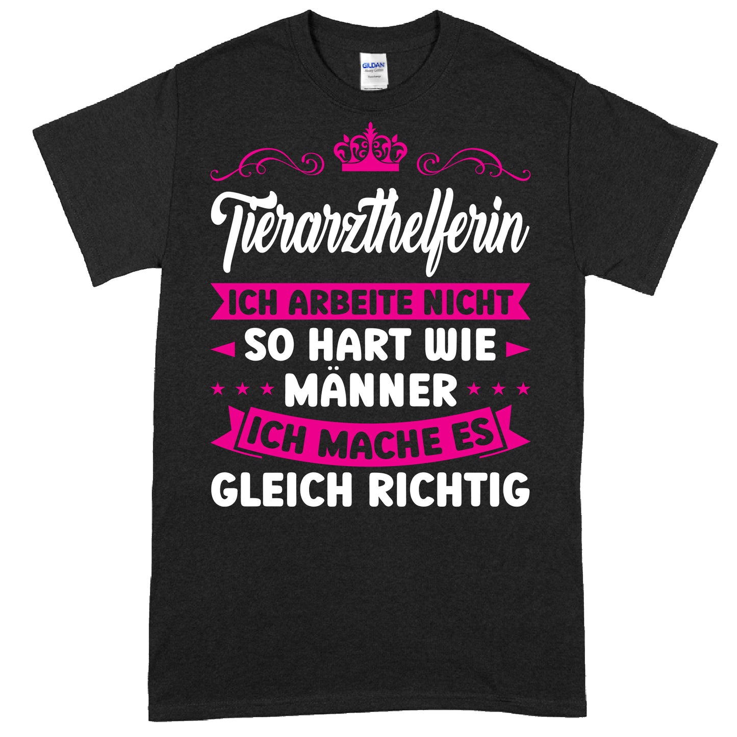 Tierarzthelferin Shirt mit humorvollem Spruch über Arbeitsleistung im Vergleich zu Männern, ideal als Geschenk für Tierärzte.