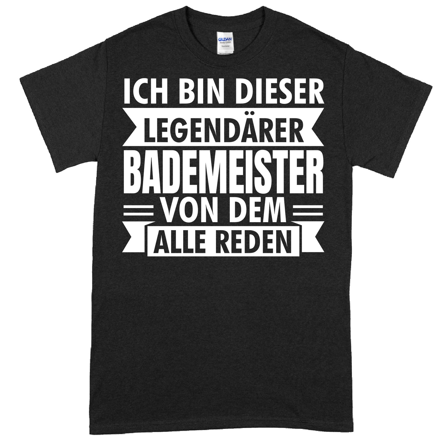 Design eines T-Shirts mit der Aufschrift "Bademeister Shirt | legendärer Geschenk Rettungsschwimmer Schwimmen" in stilvoller Schrift.
