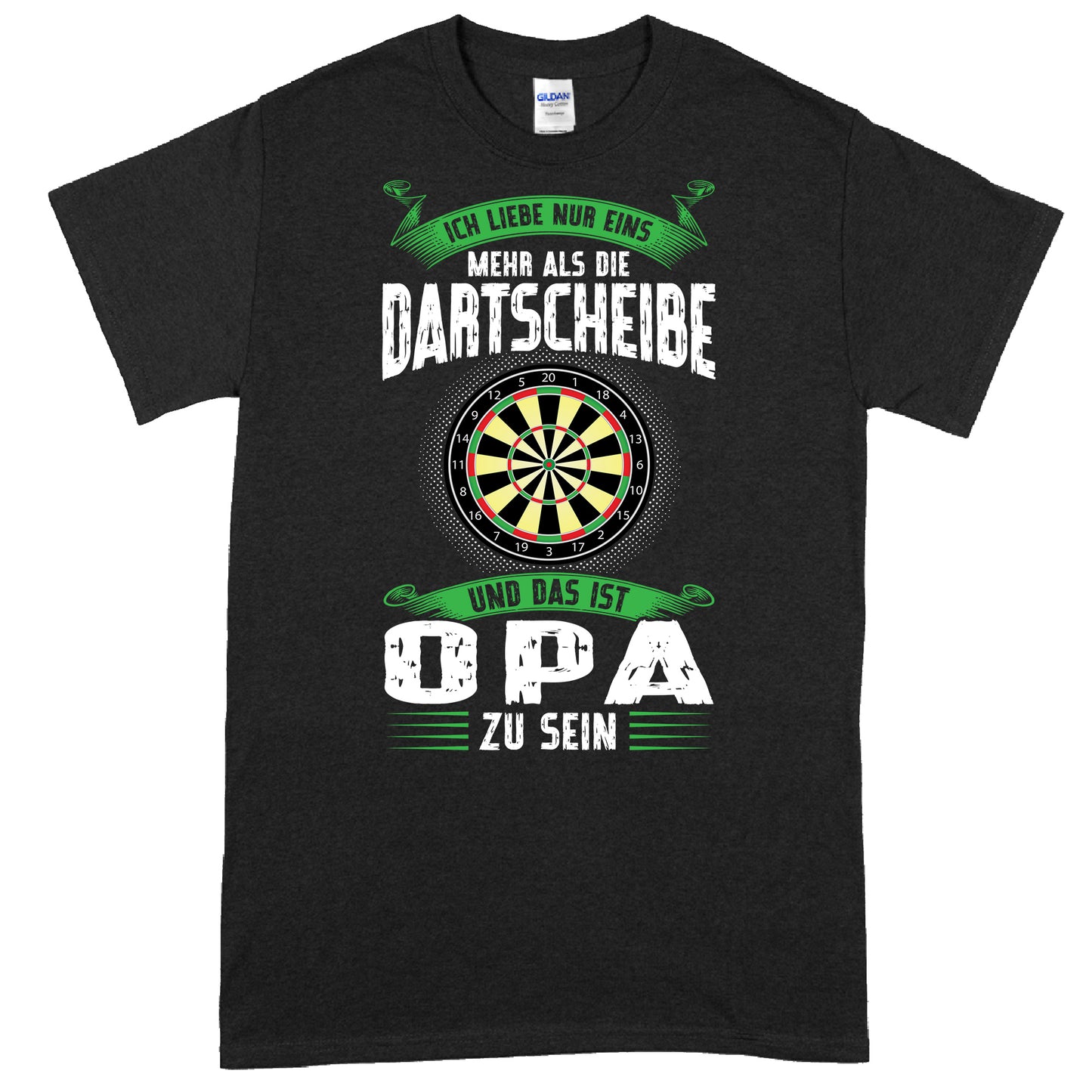 Design eines Rentner-Shirts mit dem Text "Ich liebe nur eins mehr als die Dartscheibe und das ist Opa zu sein" als Geschenkidee für Dartspieler im Ruhestand.