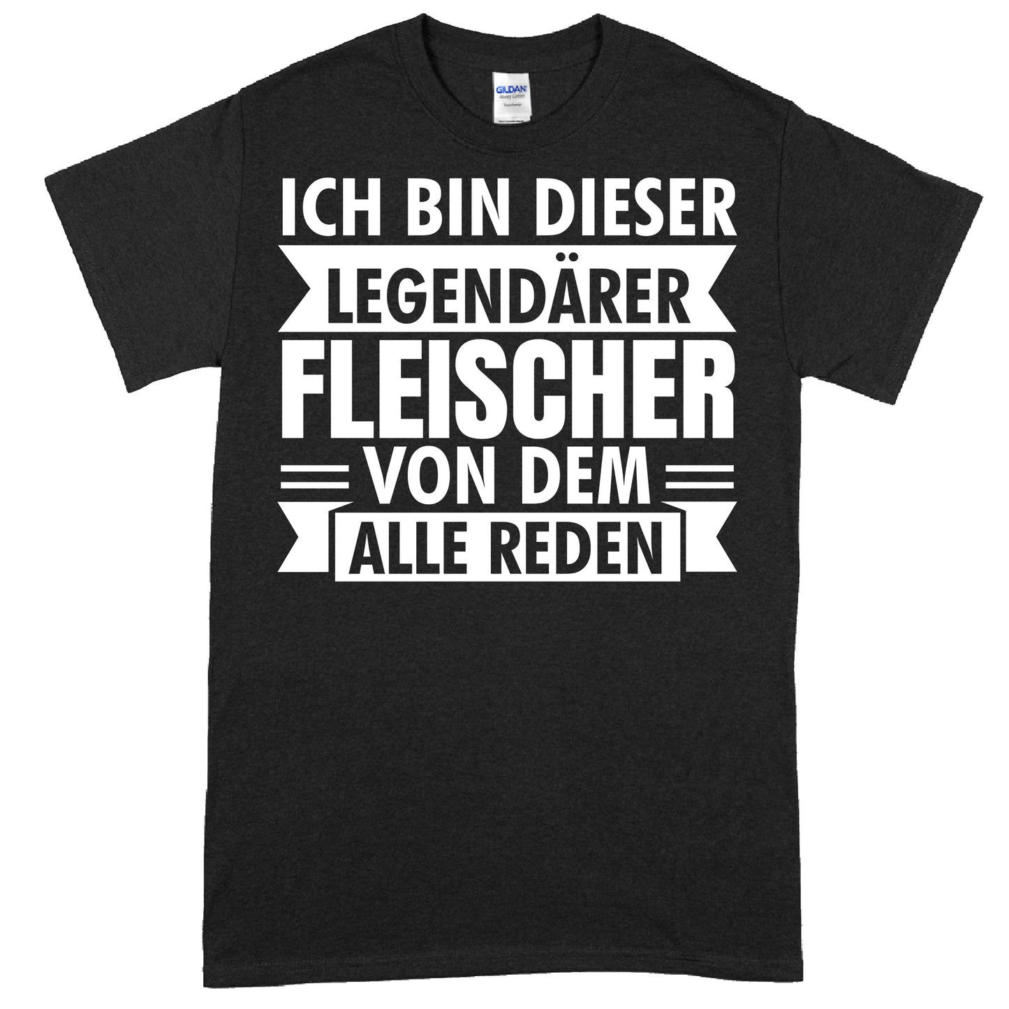 Design eines T-Shirts mit der Aufschrift "Fleischer Shirt | legendärer Fleisch Geschenk Metzger", ideal für Metzger und Fleischliebhaber.