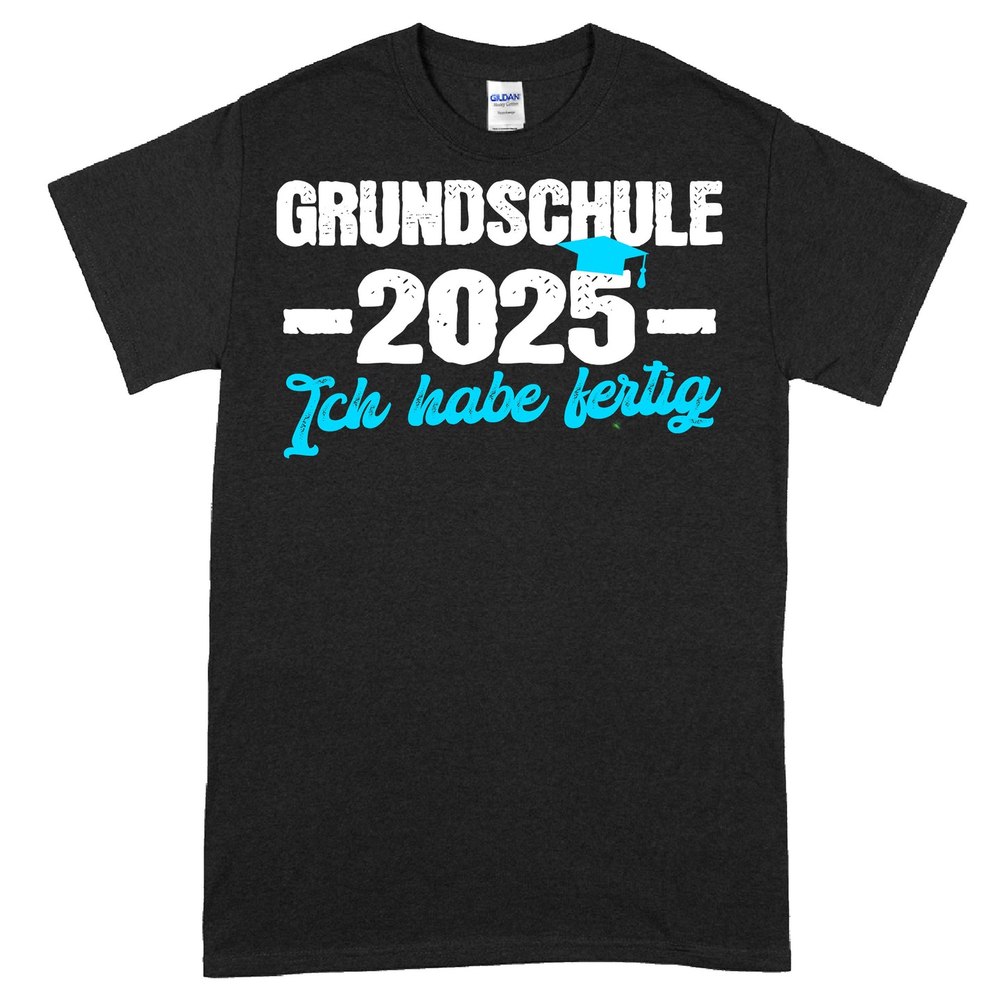 Design eines Grundschul-Shirts mit der Aufschrift "2025 ich habe fertig beenden" in bunten Buchstaben.