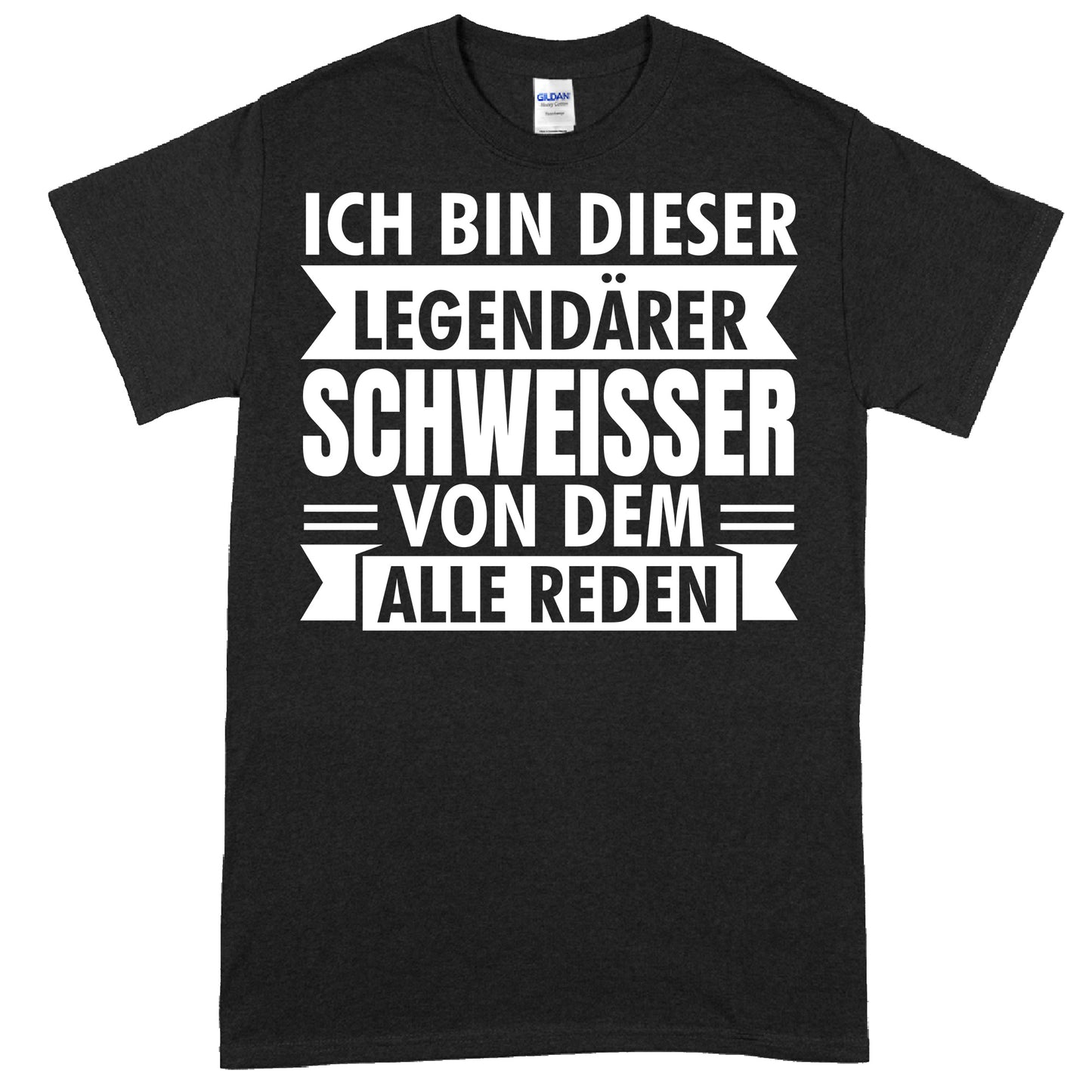 Schwarzes T-Shirt mit der Aufschrift "Legendärer Metallbauer" und einem stilisierten Schweißer-Design.