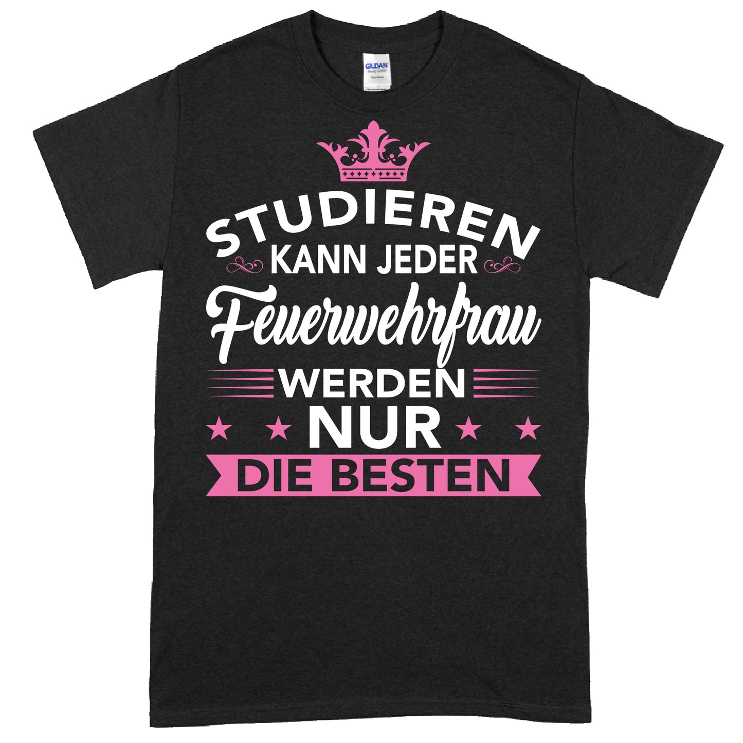 Design eines T-Shirts mit der Aufschrift "Feuerwehfrau" und thematischen Feuerwehrmotiven, ideal als Geschenk für Feuerwehrfrauen.