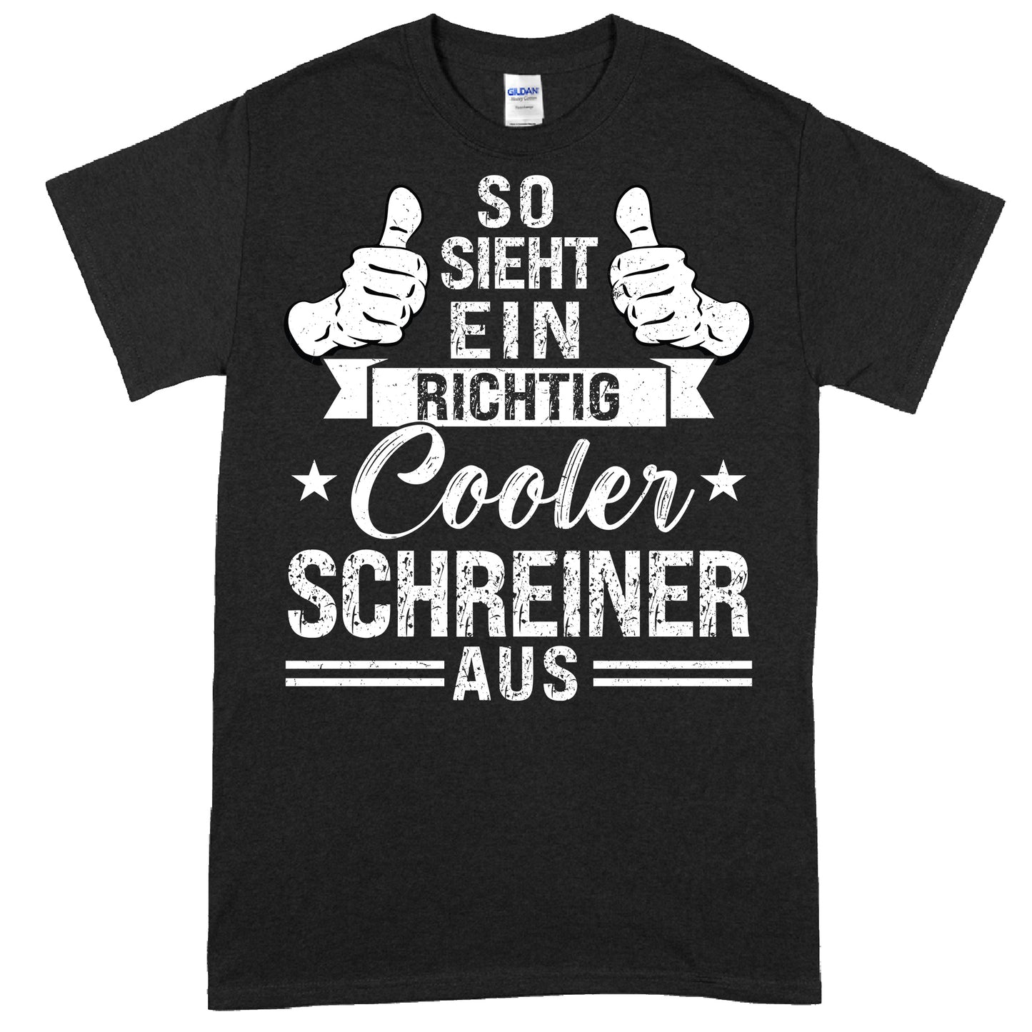 Schwarzes T-Shirt mit weißem Aufdruck "Schreiner Shirt | richtig cooler Zimmerer Geschenk", verziert mit Werkzeugmotiven.