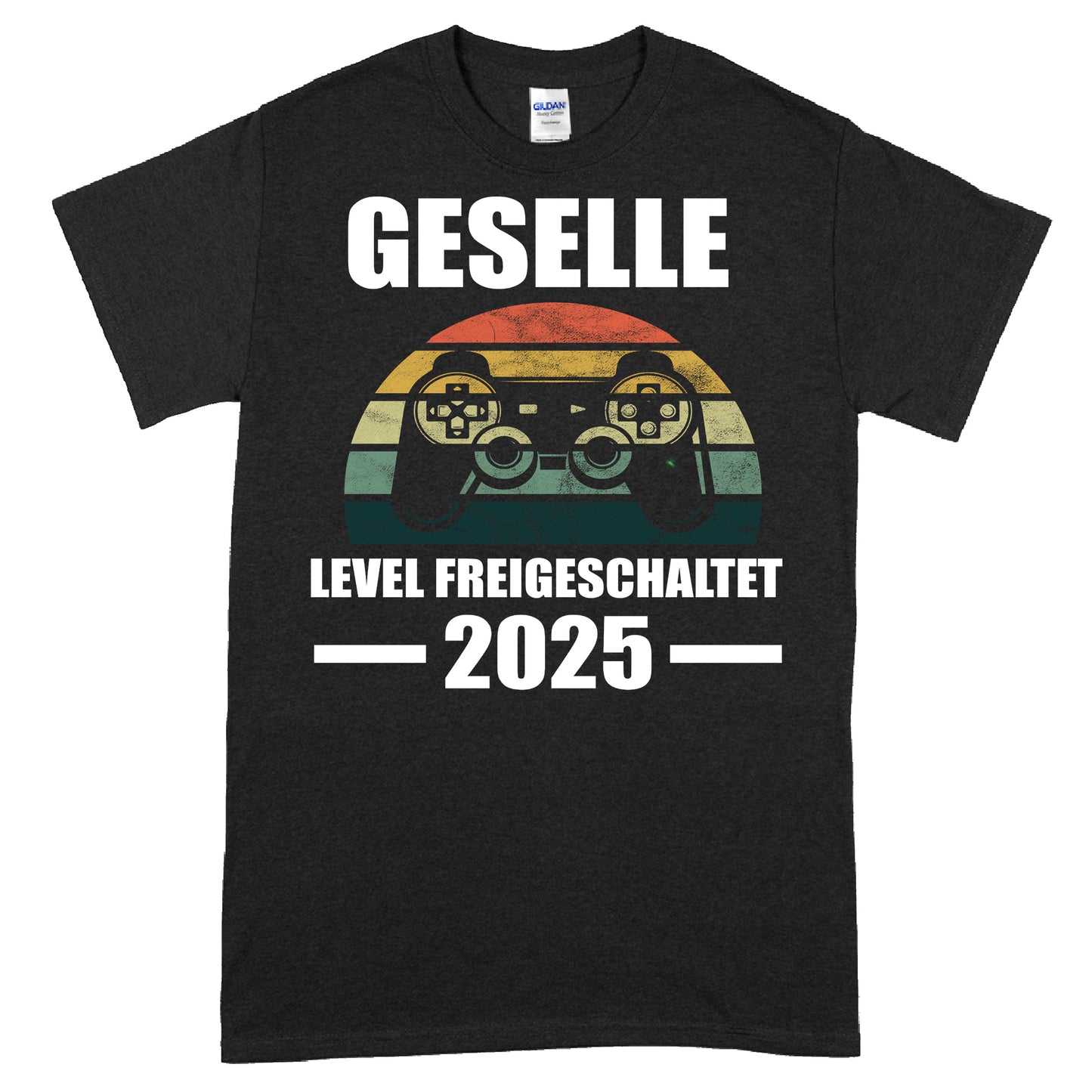 Design eines T-Shirts mit der Aufschrift "Gesellen Shirt | Geselle Level Freigeschaltet 2025 Gesellenbrief" in moderner Schriftart.