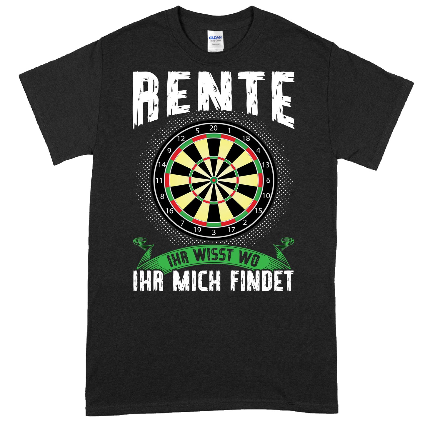 Design eines T-Shirts mit der Aufschrift "Rentner Shirt | Rente ihr wisst wo mich findet" und einem Dart-Motiv, ideal als Geschenk zum Ruhestand.