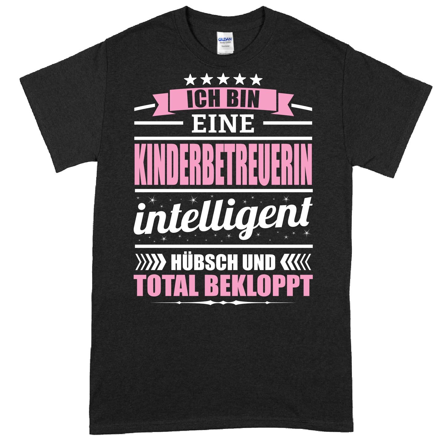 Design eines Shirts mit der Aufschrift "Kinderbetreuerin Shirt | Ich bin eine Erzieherin Geschenk Kindergärtnerin Kinderbetreuerin" in bunten Buchstaben.