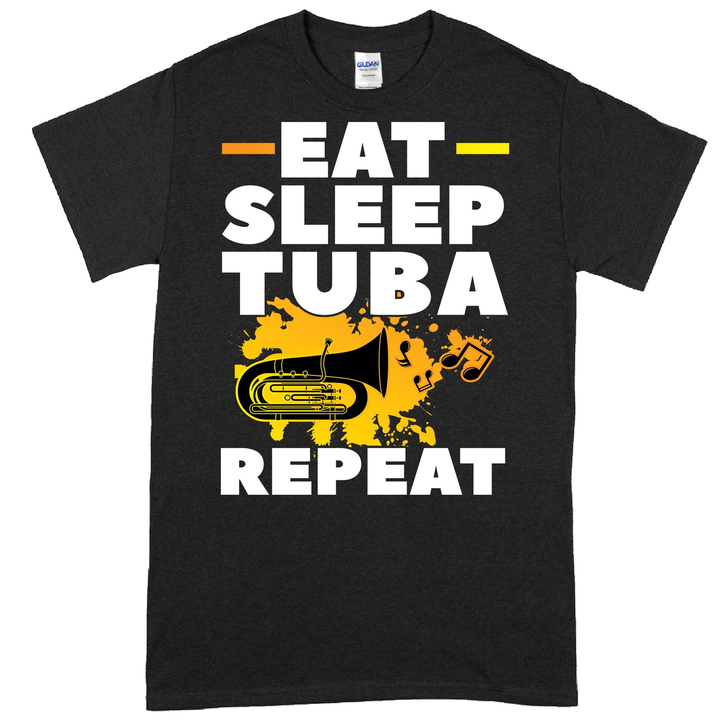 Design eines T-Shirts mit der Aufschrift "Tuba Shirt | eat sleep repeat" und einem Bild einer Tuba, ideal als Geschenk für Musiker und Tuba-Spieler.