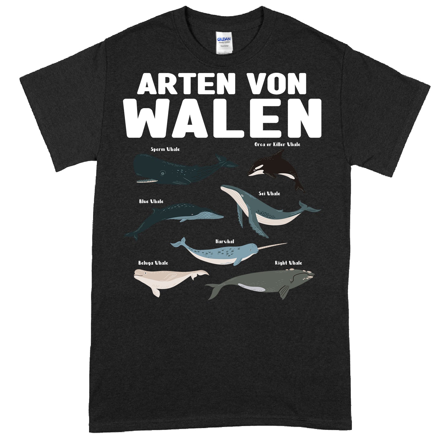 Design eines T-Shirts mit Wal-Motiven und verschiedenen Meereslebewesen.