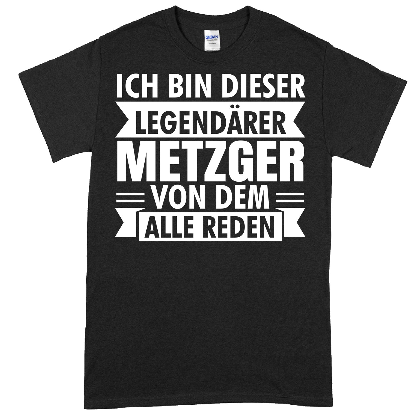 Design eines T-Shirts mit der Aufschrift "Metzger Shirt | legendärer Fleischer Geschenk Fleisch" und einem grafischen Motiv, das Fleischerei-Themen darstellt.