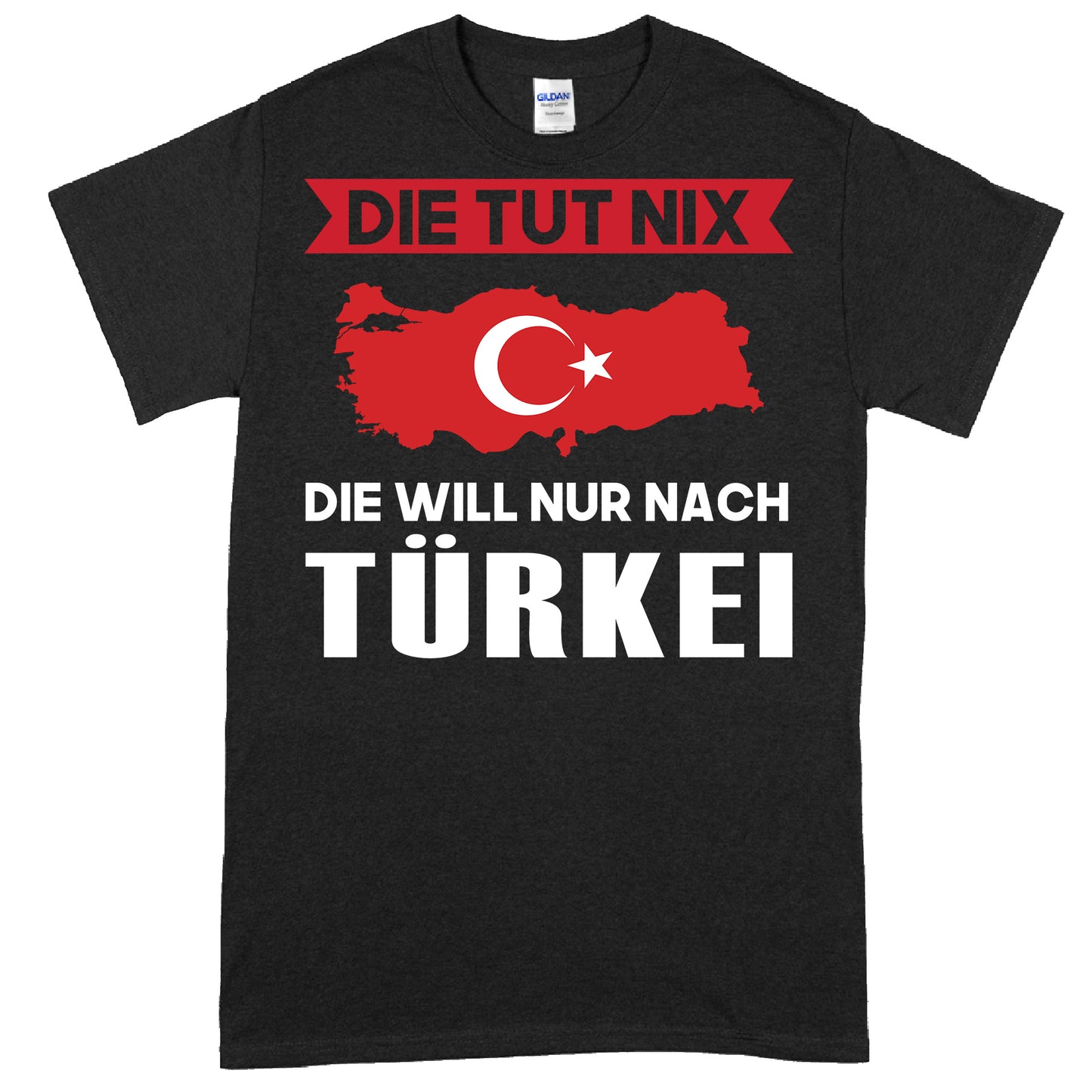 Design eines T-Shirts mit der Aufschrift 'Türkei Shirt | Die tut nix Türkisch Geschenk' in lebhaften Farben.