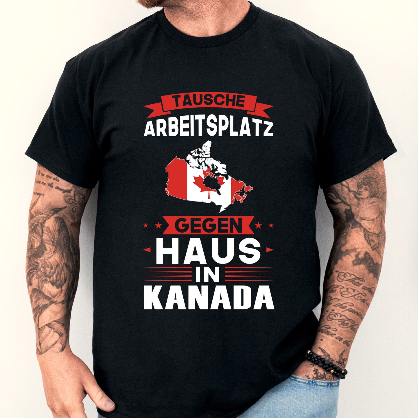 Mann trägt ein T-Shirt mit kanadischer Flagge und dem Text "tausche Arbeitsplatz Geschenk".