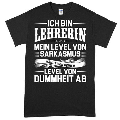 Shirt mit der Aufschrift "Ich bin mein Level von Sarkasmus" als Geschenk für Lehrerinnen, passend für Schule und Lernen.