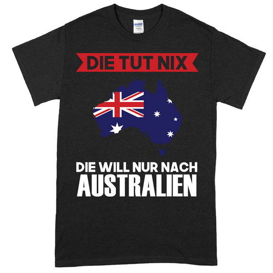 Australien Shirt mit Aufschrift "Die tut nix" und australischen Motiven als Geschenkidee.