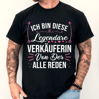 Design eines Shirts mit der Aufschrift "Verkäuferin Shirt | ich bin diese legendäre Geschenk Frauenberuf" und einem Mann als Modell.