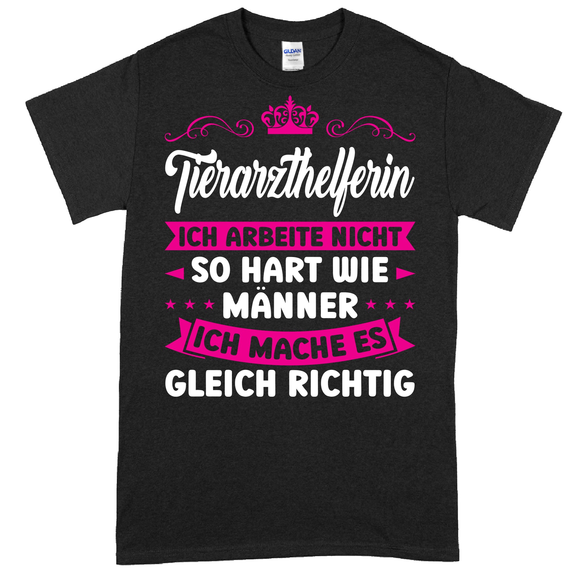 Tierarzthelferin Shirt mit humorvollem Spruch über Arbeitsleistung im Vergleich zu Männern, ideal als Geschenk für Tierärzte.