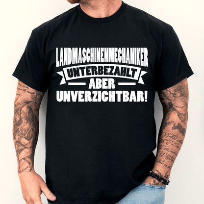 Design eines T-Shirts mit der Aufschrift 'Landmascenmechaniker Shirt | aber unverzichtbar Mechaniker Geschenk Landmascen Landmacenmechaniker', abgebildet ist ein Mann.