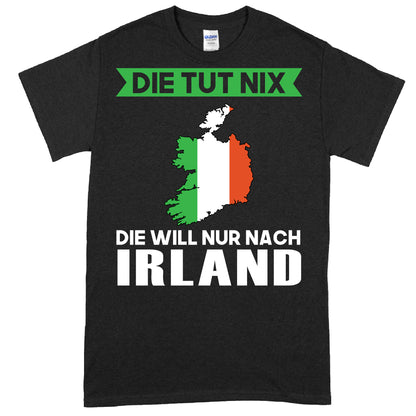 Grünes T-Shirt mit irischem Motiv und humorvollem Spruch in deutscher Sprache.