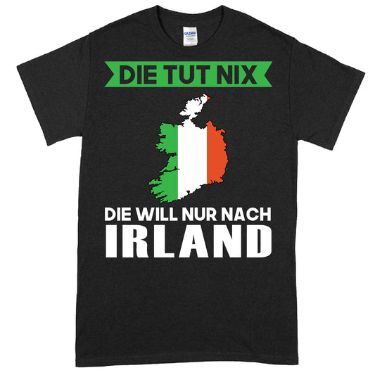 Grünes T-Shirt mit irischem Motiv und humorvollem Spruch in deutscher Sprache.