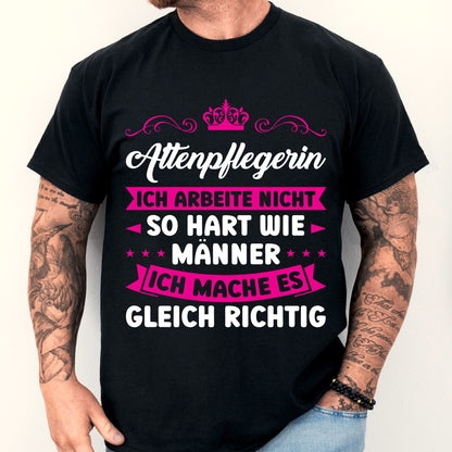 Design eines Shirts mit der Aufschrift "Altenpflegerin Shirt | ich arbeite nicht so hart wie Männer Krankenschwester Geschenk Pflegekraft" und einem abgebildeten Mann.