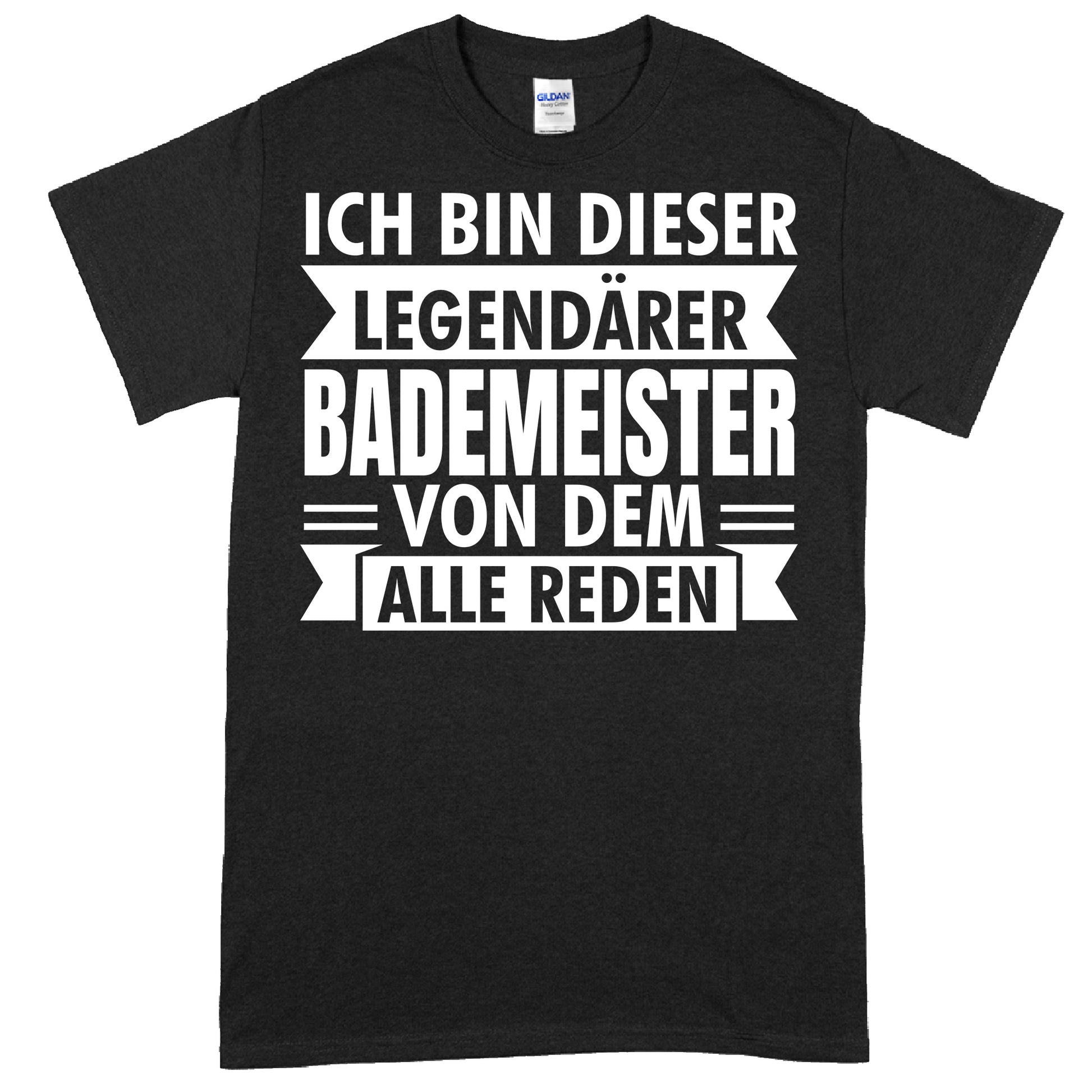 Design eines T-Shirts mit der Aufschrift "Bademeister Shirt | legendärer Geschenk Rettungsschwimmer Schwimmen" in stilvoller Schrift.