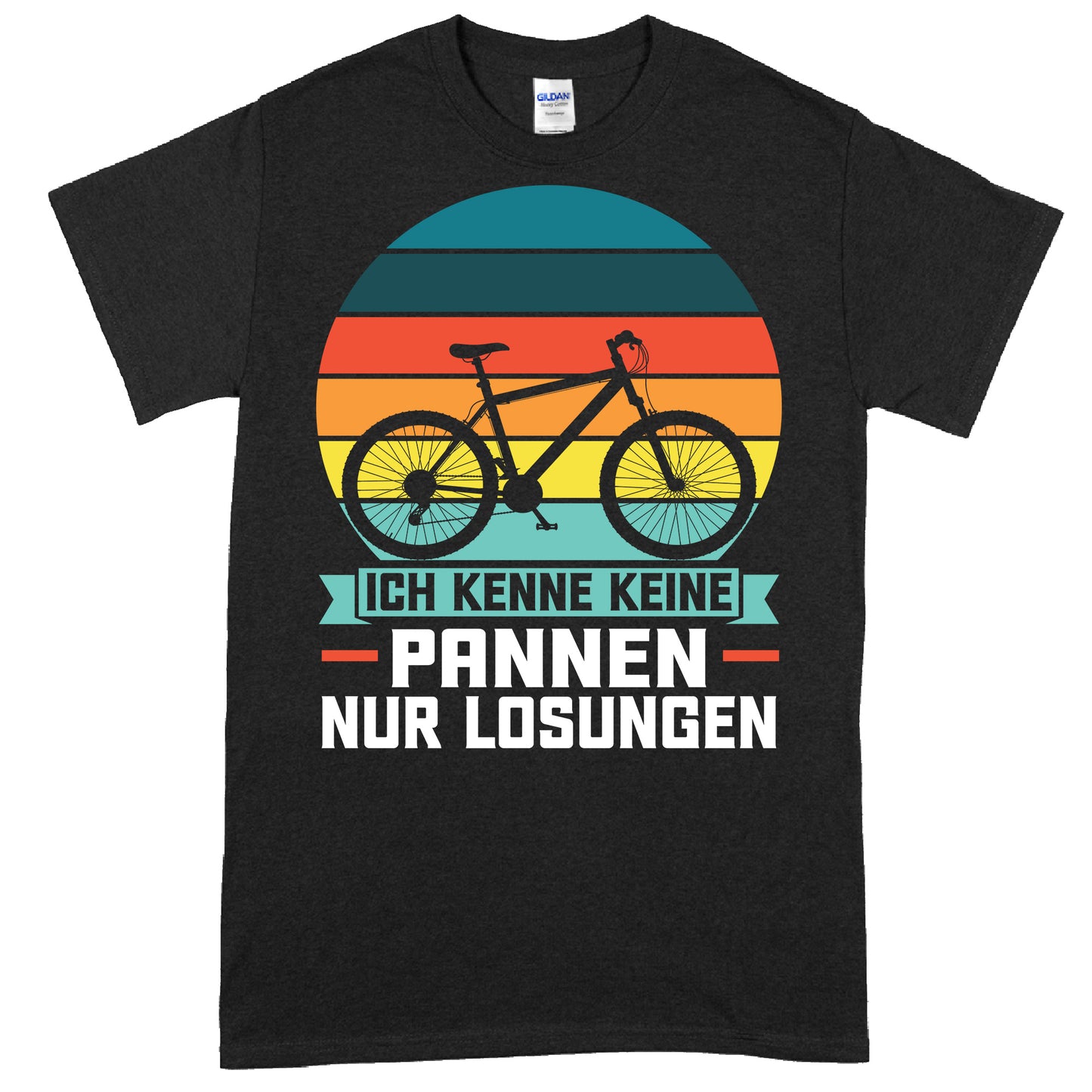 Design eines T-Shirts mit dem Text "Rad Shirt | ich kenne keine Pannen nur Lösungen" und einem Fahrradmotiv, ideal als Geschenk für Fahrradliebhaber.
