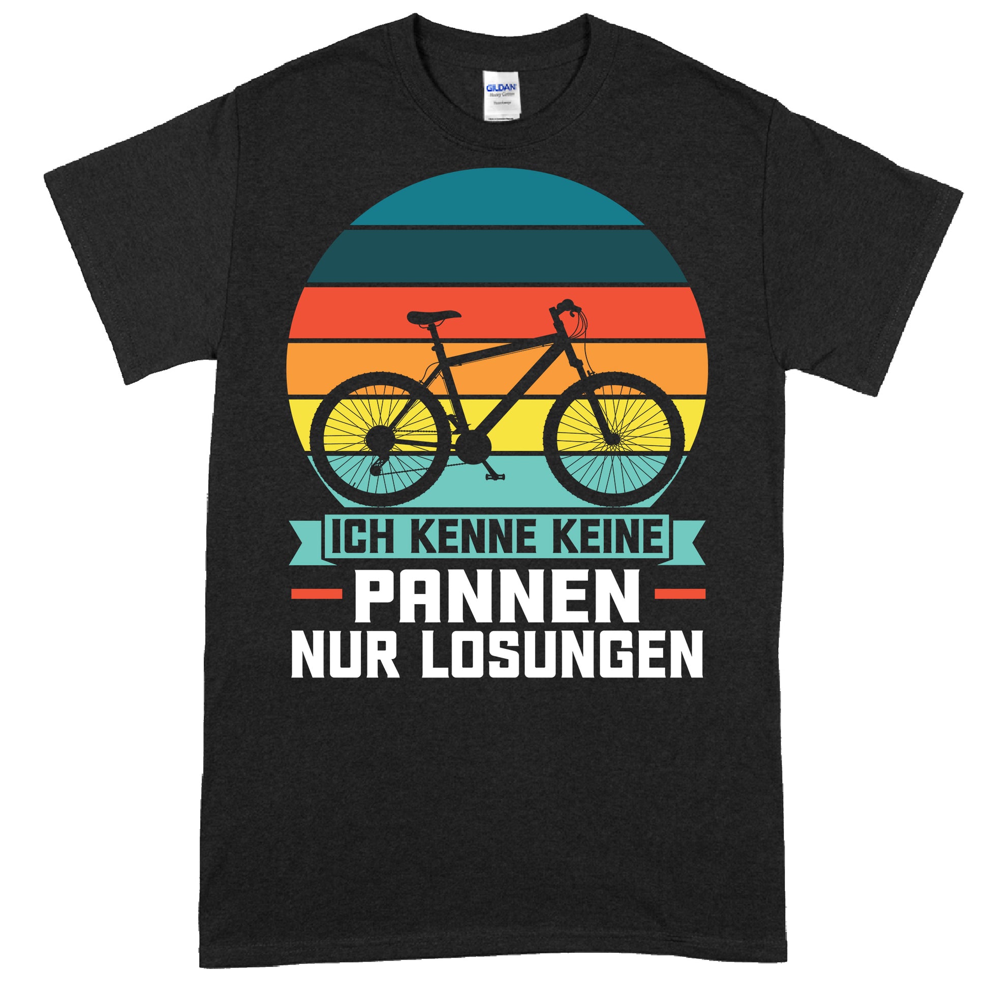 Design eines T-Shirts mit dem Text "Rad Shirt | ich kenne keine Pannen nur Lösungen" und einem Fahrradmotiv, ideal als Geschenk für Fahrradliebhaber.