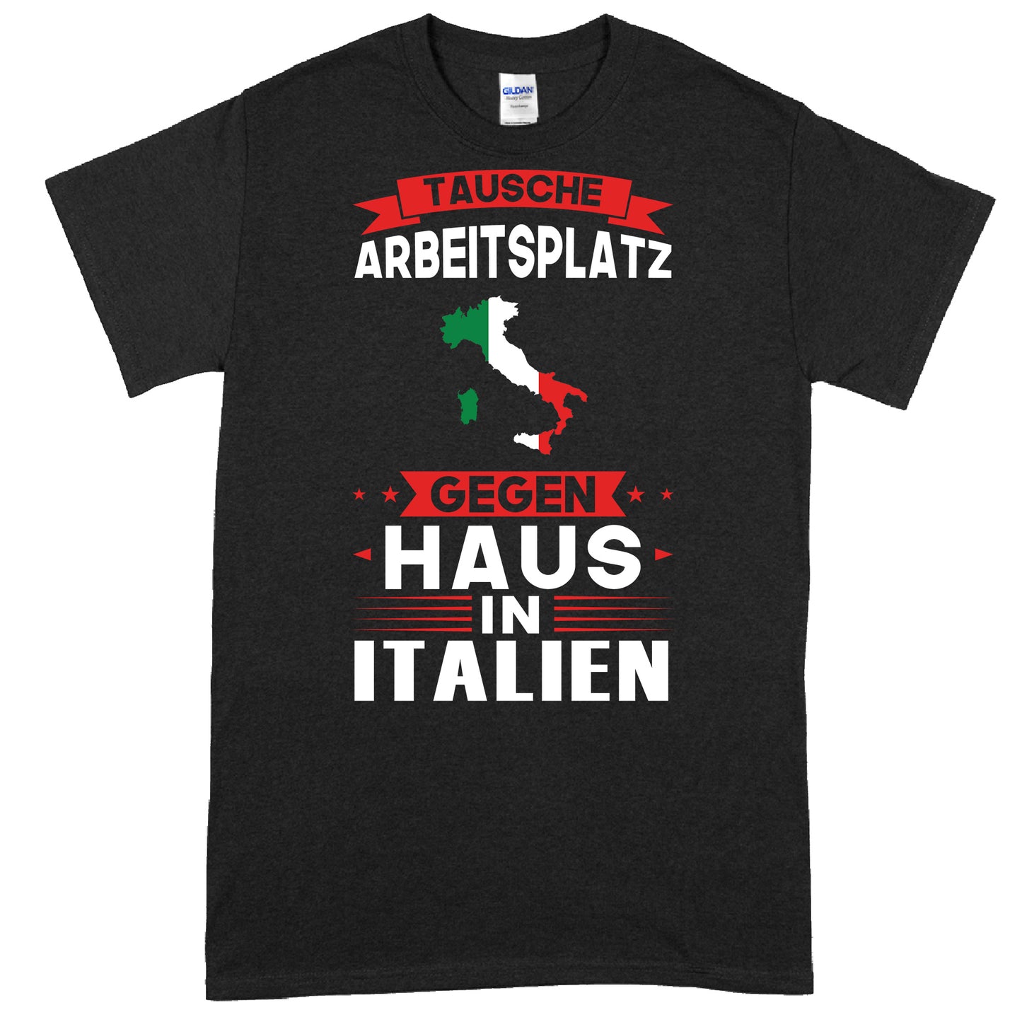 Italienisches Design auf einem T-Shirt mit dem Text "tausche Arbeitsplatz Geschenk Italienisch".