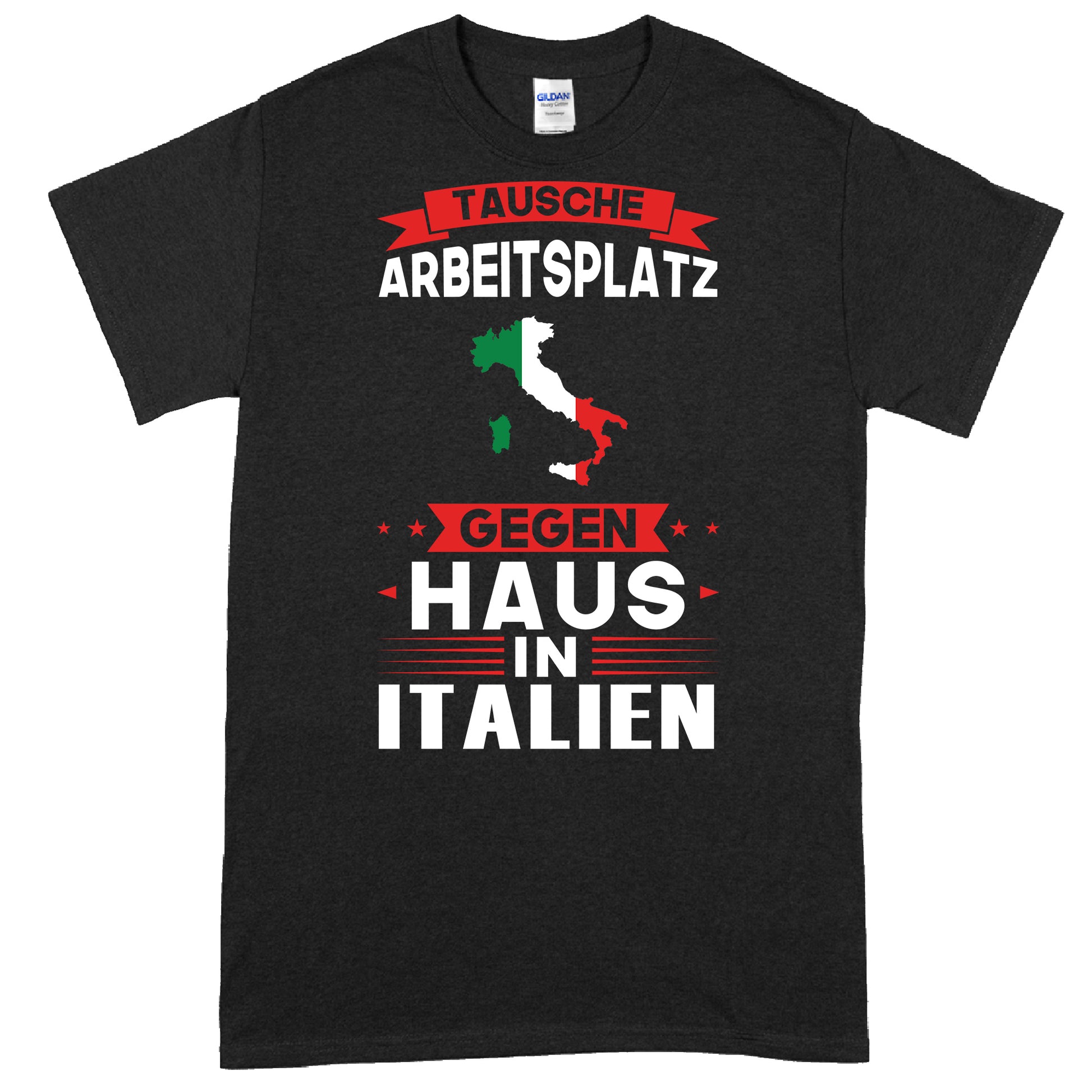 Italienisches Design auf einem T-Shirt mit dem Text "tausche Arbeitsplatz Geschenk Italienisch".