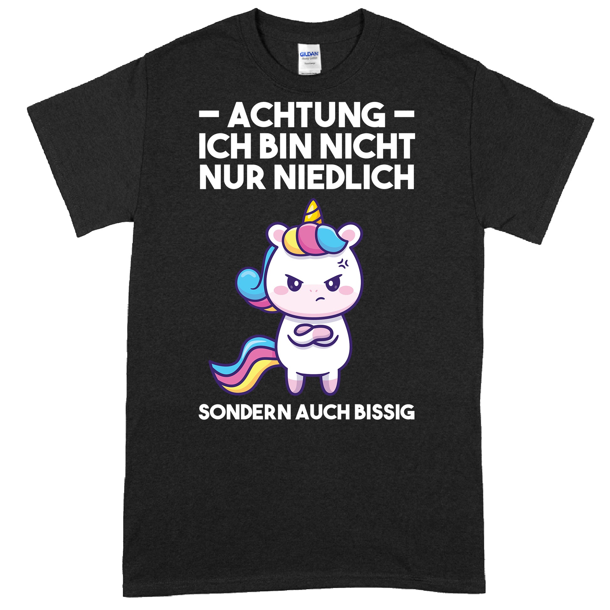 Design eines T-Shirts mit dem Text "Achtung, ich bin nicht nur niedlich, süß, sondern auch böse" in verspielter Schrift.