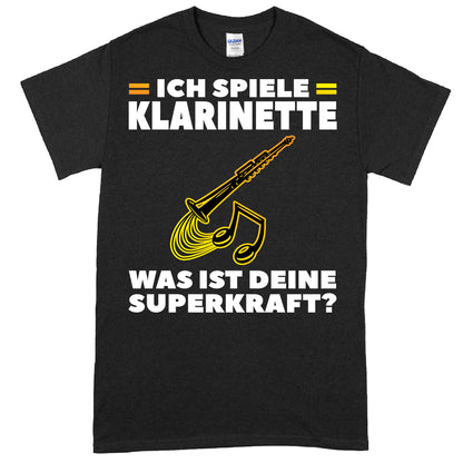 Klarinette Shirt mit dem Aufdruck "Ich spiele, was ist deine Superkraft?" als Geschenk für Musikliebhaber und Instrumentenspieler.