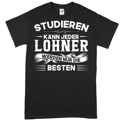 Design eines T-Shirts mit dem Text "Lohner Shirt | studieren kann jeder Geschenk Lohn" in stilisierter Schrift.