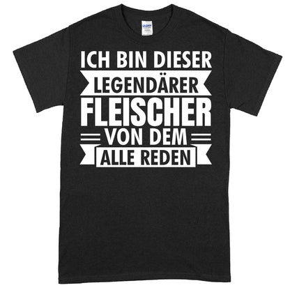 Design eines T-Shirts mit der Aufschrift "Fleischer Shirt | legendärer Fleisch Geschenk Metzger", ideal für Metzger und Fleischliebhaber.