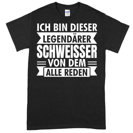 Schwarzes T-Shirt mit der Aufschrift "Legendärer Metallbauer" und einem stilisierten Schweißer-Design.