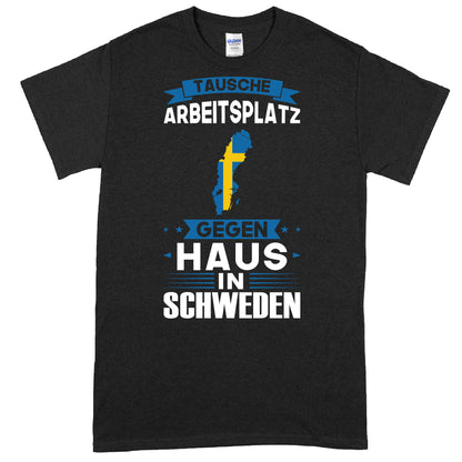 Schweden-inspiriertes T-Shirt-Design mit dem Text "tausche Arbeitsplatz gegen Schweden" als Geschenkidee.