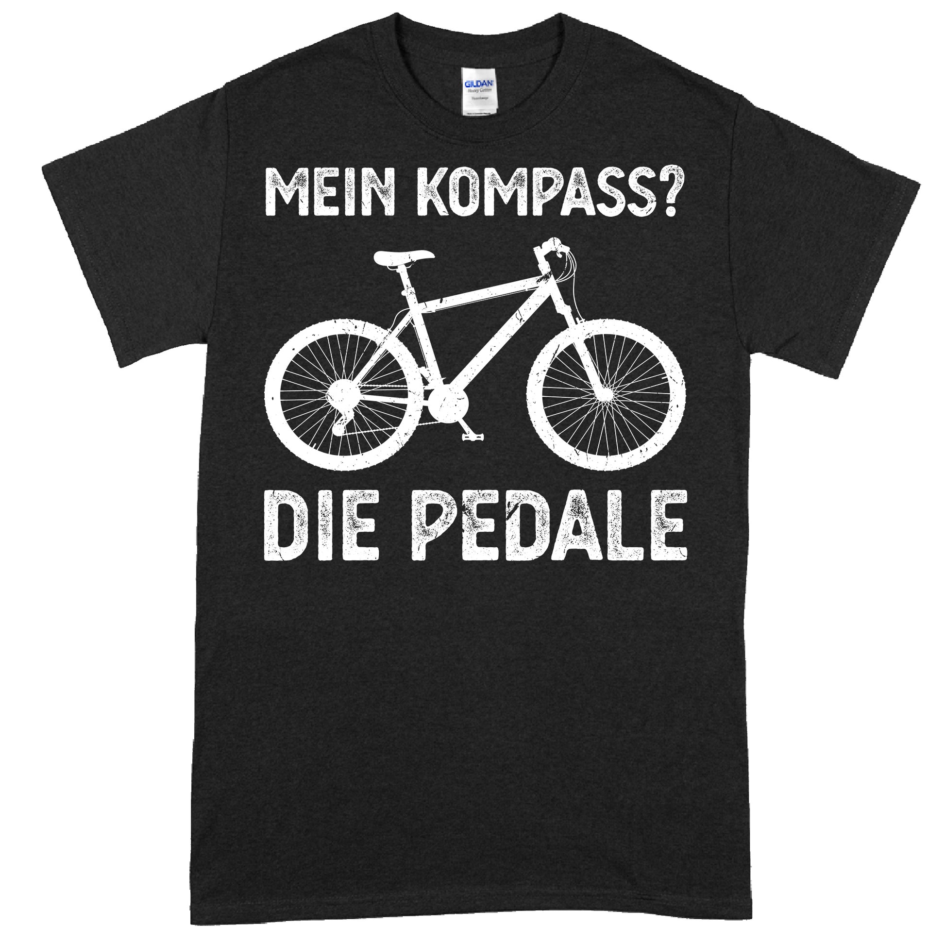 Design eines T-Shirts mit der Aufschrift "Rad Shirt | mein Kompass die Pedale" und einem stilisierten Fahrradmotiv.
