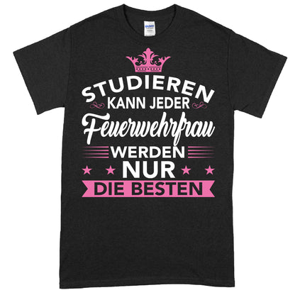 Design eines T-Shirts mit der Aufschrift "Feuerwehfrau" und thematischen Feuerwehrmotiven, ideal als Geschenk für Feuerwehrfrauen.