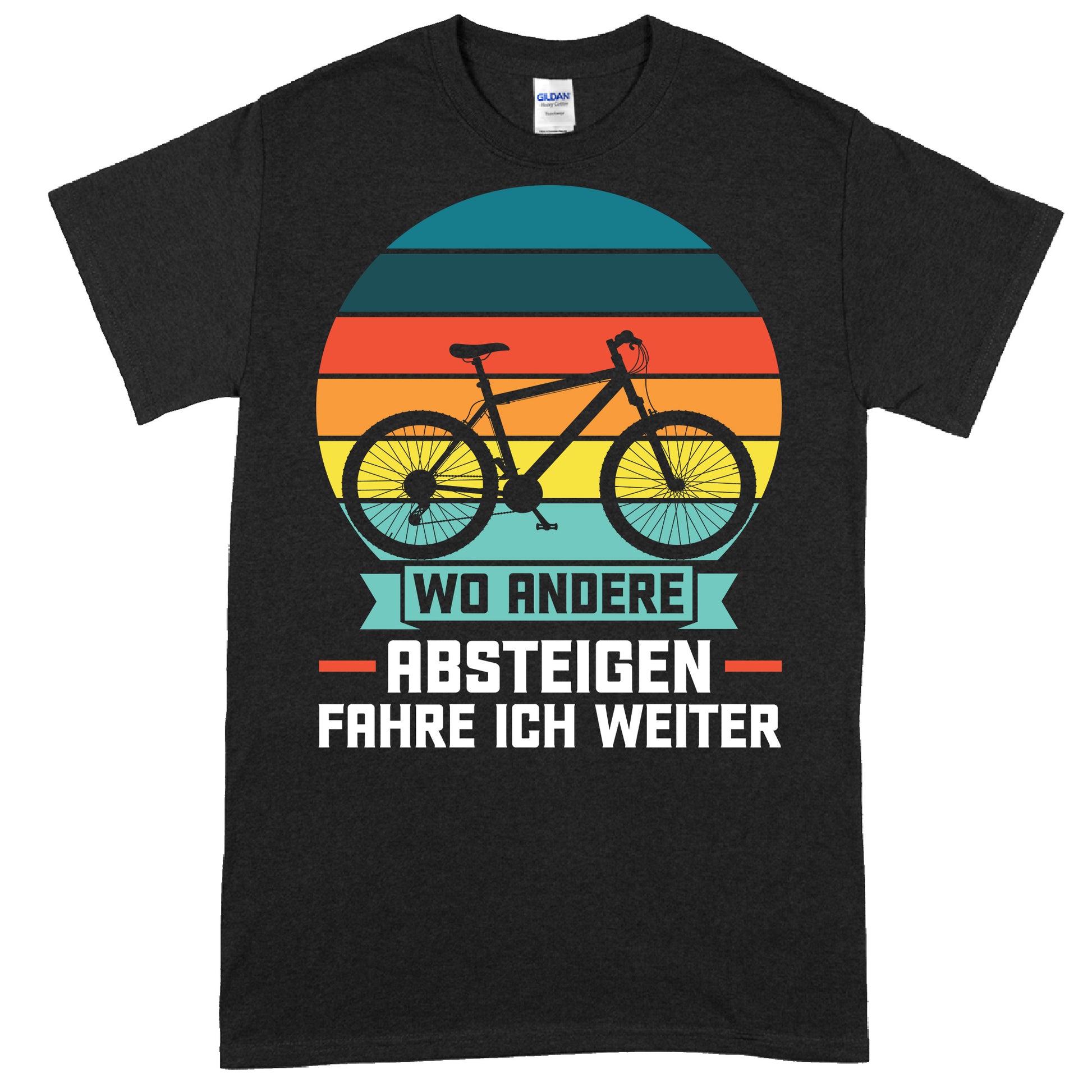 Design eines T-Shirts mit dem Slogan "wo andere absteigen fahre ich weiter" und einem stilisierten Fahrradmotiv, ideal als Geschenk für Fahrradliebhaber.