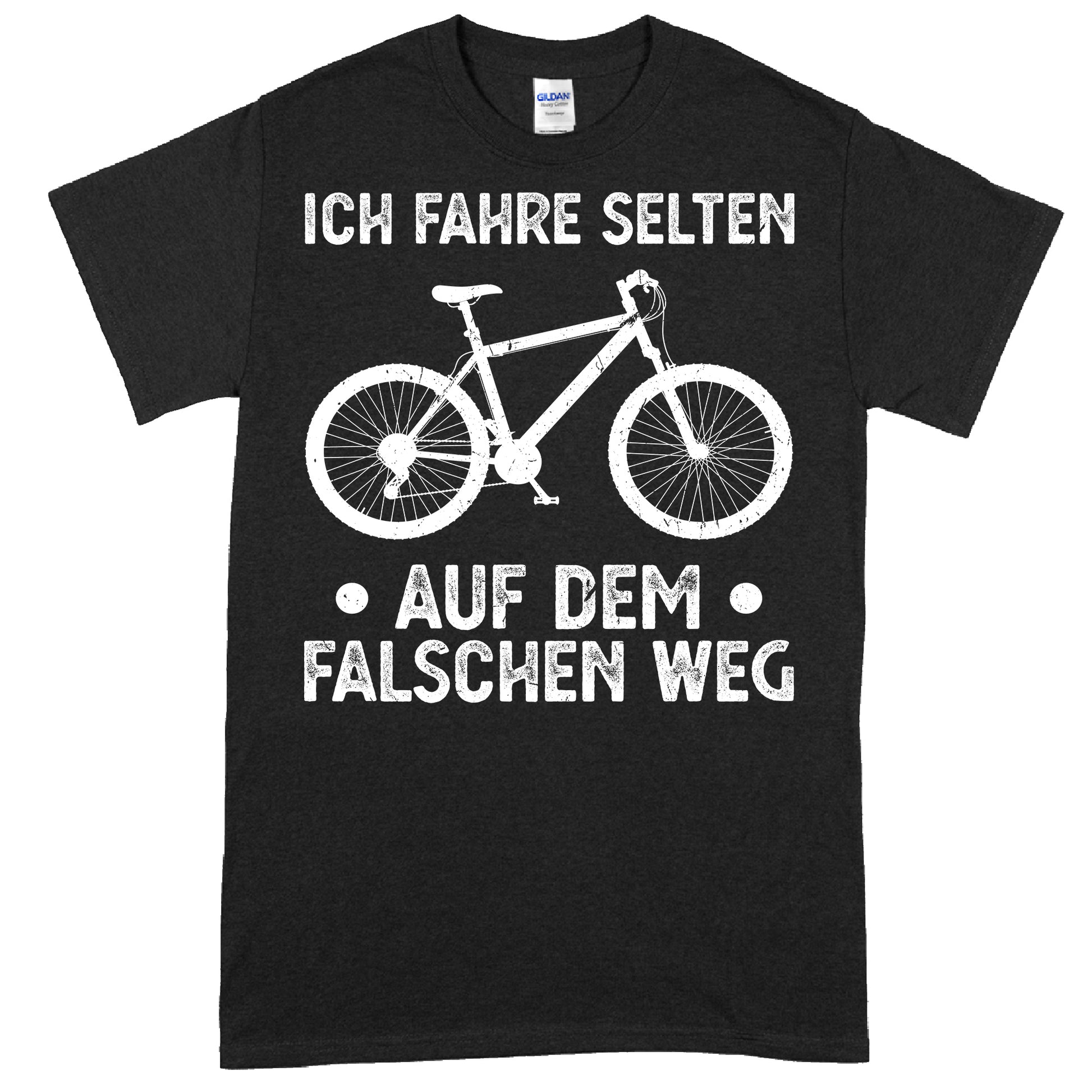 Design eines T-Shirts mit der Aufschrift "Rad Shirt | ich fahre selten auf dem falschen Weg" und einem Fahrradmotiv, ideal als Geschenk für Fahrradliebhaber.