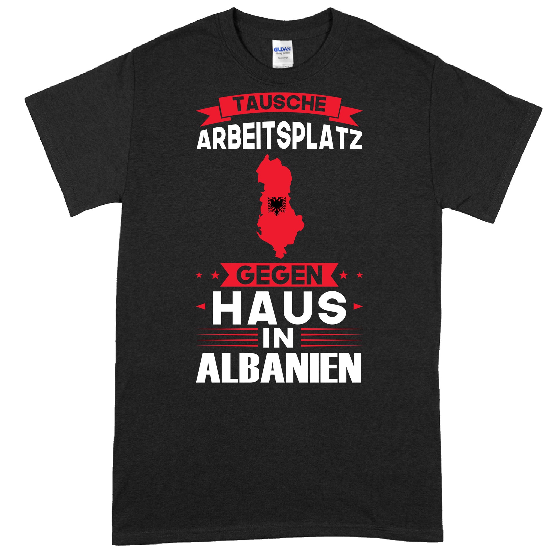 Design eines T-Shirts mit der Aufschrift "Alanien Shirt | tausche Arbeitsplatz Albanien Geschenk" und der albanischen Flagge.