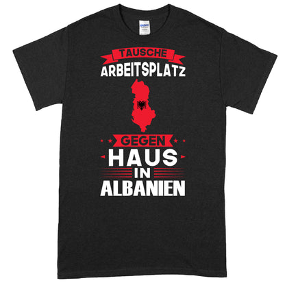 Design eines T-Shirts mit der Aufschrift "Alanien Shirt | tausche Arbeitsplatz Albanien Geschenk" und der albanischen Flagge.