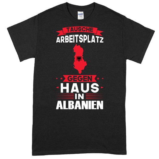 Design eines T-Shirts mit der Aufschrift "Alanien Shirt | tausche Arbeitsplatz Albanien Geschenk" und der albanischen Flagge.