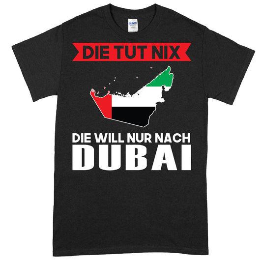 Design eines T-Shirts mit der Aufschrift 'Dubai Shirt | Die tut nix Geschenk' und der Darstellung der Flagge von Dubai.