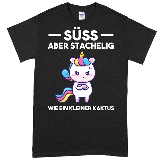 Design eines Shirts mit dem Text "Klein Shirt | süss aber stachelig Süss Geschenk Böösse" in verspielter Schrift.