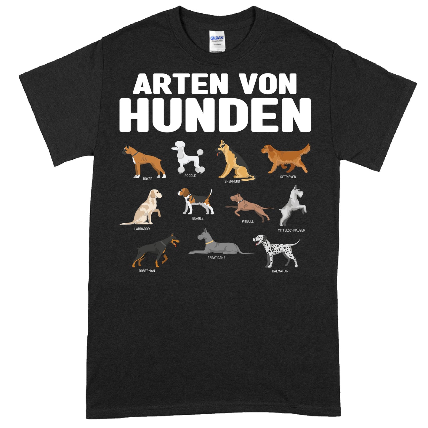 Design eines Shirts mit der Aufschrift 'Hunden Shirt | Arten von Geschenk Pets Hund Hundezüchter Merch', illustriert mit verschiedenen Hunderassen und passenden Symbolen.