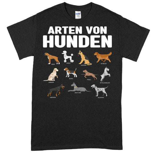 Design eines Shirts mit der Aufschrift 'Hunden Shirt | Arten von Geschenk Pets Hund Hundezüchter Merch', illustriert mit verschiedenen Hunderassen und passenden Symbolen.