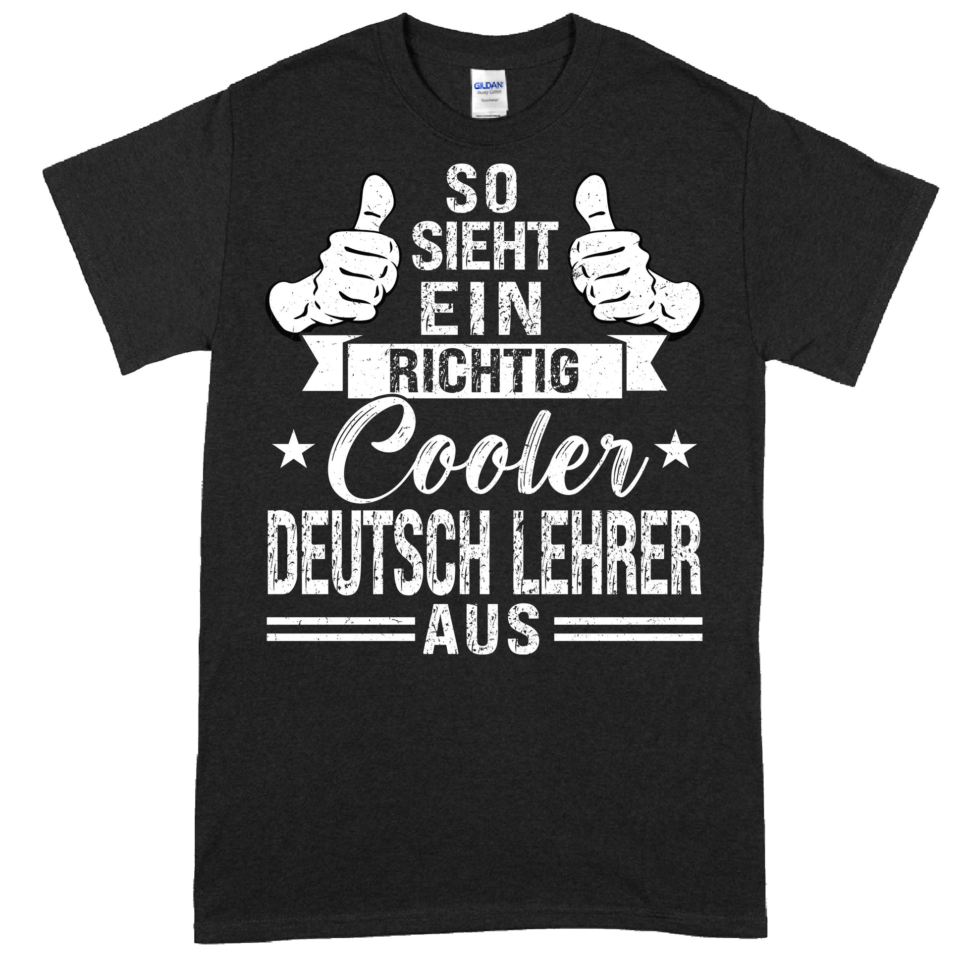 Design eines T-Shirts mit der Aufschrift 'Deutsch Lehrer Shirt | richtig cooler Geschenk Lehrerin' in stilvoller Schrift.
