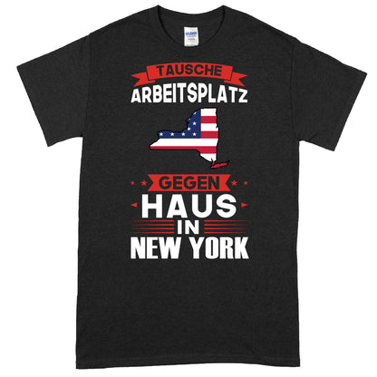 Design eines T-Shirts mit dem Text "New York Shirt | tausche Arbeitsplatz Geschenk Newyorkisch" in stilvoller Schrift.