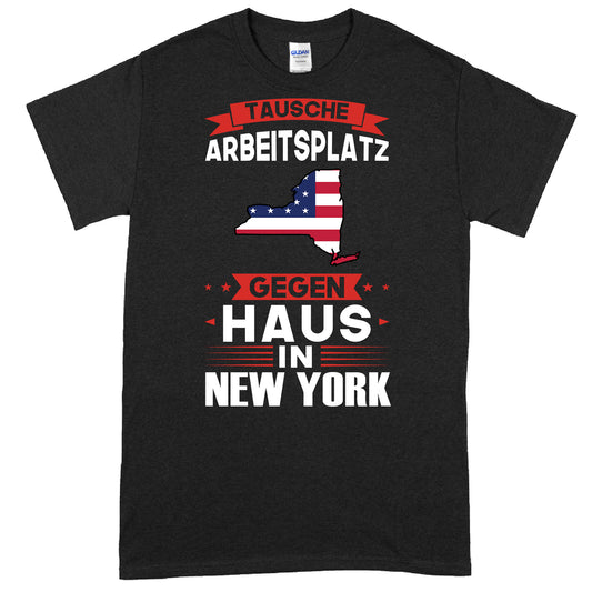 Design eines T-Shirts mit dem Text "New York Shirt | tausche Arbeitsplatz Geschenk Newyorkisch" in stilvoller Schrift.
