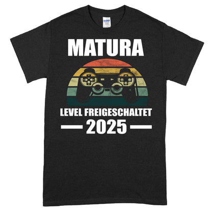 Design eines T-Shirts mit dem Text "Matura Shirt | Level freigeschaltet 2025 Maturabief"